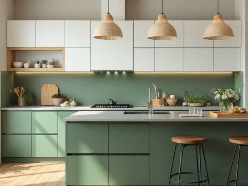 ترکیب رنگ سفید و سبز در کابینت آشپزخانه