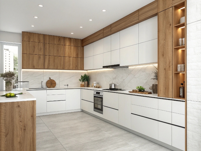ترکیب کابینت سفید با رنگ چوب در آشپزخانه