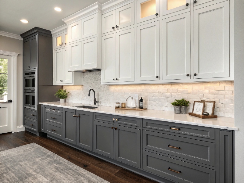 کابینت آشپزخانه سفید و طوسی ذغالی