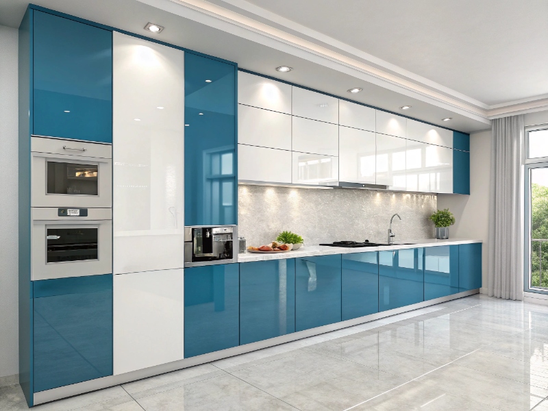 ترکیب رنگ سفید و آبی در کابیت آشپزخانه